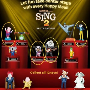 May include: A collection of twelve Sing 2 Happy Meal plastic figurines displayed on red tiered platforms. The characters include Rosita, Nooshy, Johnny, Porsha, Buster Moon, Ash, Clay Calloway, Miss Crawly, Mr. Crystal, Gunter, Darius, and Meena.