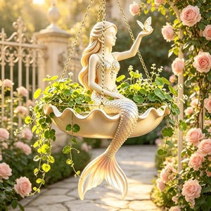 May include: A hanging planter shaped like a large seashell featuring a cream-colored mermaid figure with long flowing hair. The mermaid sits in the shell, holding a small butterfly in one hand. Green trailing plants fill the shell basin.
