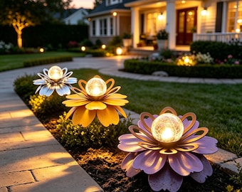 Lámpara solar exterior con forma de flor de metal, lámpara solar decorativa para jardín con globo de cristal craquelado, decoración para paisajes de jardín.
