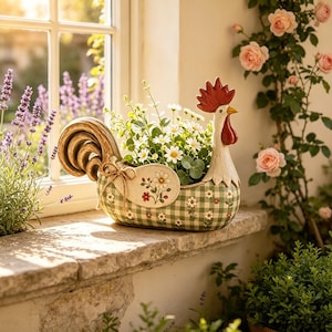 Può includere: Un vaso a forma di gallo con motivo a quadretti verdi e bianchi e piccoli dettagli floreali. Il vaso presenta cresta e bargigli rossi, una coda color cuoio e contiene un mazzetto di fiori bianchi simili a margherite con foglie e un fiocco in iuta.
