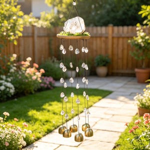 May include: A hanging wind chime featuring a large, rough-cut clear quartz crystal cluster atop a circular wooden base. Multiple black strings suspend smaller, polished clear quartz stones and five smooth, gold-toned metal bells at the bottom.