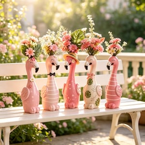 Pode incluir: Cinco vasos em forma de flamingo cor-de-rosa dispostos em fila, cada um contendo um ramo de flores artificiais cor-de-rosa e brancas com folhas verdes. As figuras de cerâmica apresentam vários padrões, incluindo riscas, pontos e flores.