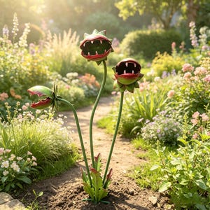 May include: A metal garden sculpture featuring three stylised carnivorous plants with open, toothy mouths. The plants are coloured in shades of green and red, each supported by a thin, upright stem rising from a base of green, pointed leaves.