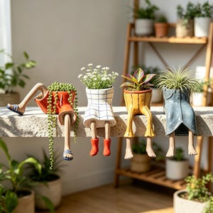 May include: Four ceramic planters shaped like lower bodies with dangling legs. The first is orange with blue-striped sandals, the second has a white grid pattern and red boots, the third is yellow, and the fourth is blue denim-textured.
