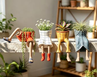 Maceta colgante con forma de piernas divertidas, figura de ropa original, maceta para suculentas, maceta colgante de resina para mesa, bonito regalo de decoración de escritorio