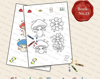 きのこの森の仲間たちぬりえブック Vol.23 | 花とかわいいきのこ、36ページ、対象年齢3～6歳、PDF即時ダウンロード