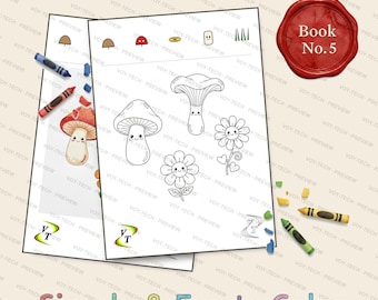 きのこの森の仲間たちぬりえブック Vol.5 | 花とかわいいきのこ、36ページ、対象年齢3～6歳、PDF版即時ダウンロード