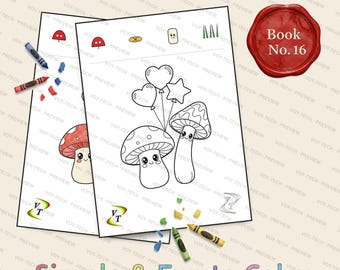 きのこの森の仲間たちぬりえブック Vol.16 | 風船とかわいいきのこ、36ページ、対象年齢3～6歳、PDF版即時ダウンロード