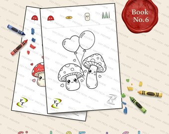 きのこの森の仲間たちぬりえブック Vol.6 | 風船とかわいいきのこ、印刷可能な36ページ、対象年齢3～6歳、PDF版即時ダウンロード