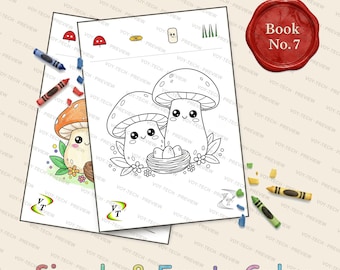 キノコの森の仲間たちぬりえブック Vol.7 | 鳥の巣のかわいいキノコ、36ページ、対象年齢3～6歳、PDF即時ダウンロード