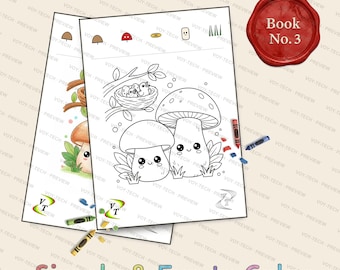キノコの森の仲間たちぬりえブック Vol.3 | 鳥の巣のかわいいキノコ、36ページ、対象年齢3～6歳、PDF即時ダウンロード