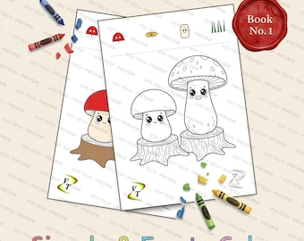 キノコの塗り絵ブック（3～6歳向け）、印刷可能なPDF、36ページ、森の仲間たち、幼児向けアクティビティブック（即時ダウンロード）