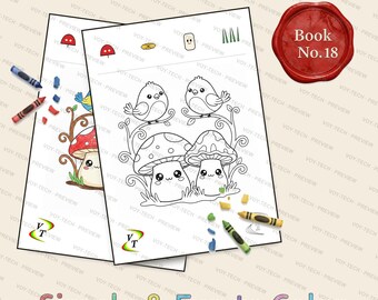 キノコの森の仲間たちぬりえブック Vol.18 | かわいいキノコの小鳥たち、36ページ、対象年齢3～6歳、PDF版即時ダウンロード