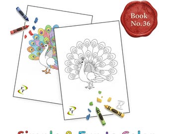 Birds our Friends Coloring Book Vol.36 - Peacock, 36 Printable Pages + Color Legend, Ages 3-6, Instant Download PDF