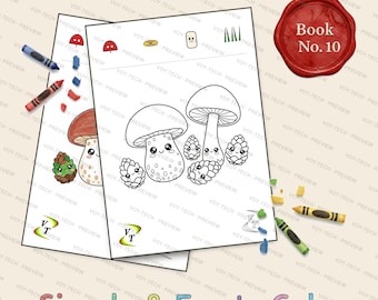 Mushroom Forest Friends Coloring Book Vol.10 | Pinecones Kawaii Mushrooms, 36 Printable Pages, Ages 3-6, Instant Download PDF
