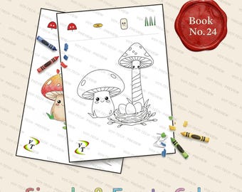 Mushroom Forest Friends Coloring Book Vol.24 | Bird's Nest Kawaii Mushrooms, 36 Printable Pages, Ages 3-6, Instant Download PDF
