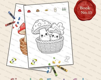 きのこの森の仲間たちぬりえブック Vol.13 | バスケットに入ったかわいいきのこ、36ページ、対象年齢3～6歳、PDF版即時ダウンロード