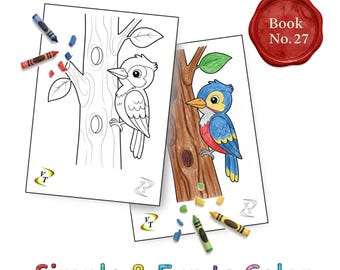 Birds our Friends Coloring Book Vol.27 - Woodpecker, 36 Printable Pages + Color Legend, Ages 3-6, Instant Download PDF
