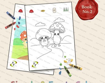 きのこの森の仲間たちぬりえブック Vol.2 | 雲とかわいいきのこ、36ページ、対象年齢3～6歳、PDF版即時ダウンロード