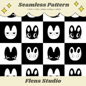 May include: A seamless pattern featuring a black and white checkerboard grid with stylized cat faces in each square. The text reads Seamless Pattern, 2 JPEG | 1 PNG | 6000px X 6000px | 300DPI, and Flens Studio. The cat faces have varied expressions.
