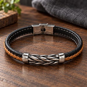 Bracelet homme cuir et acier inoxydable 22cm, Bracelet tressé double rang noir et marron, Bijou homme moderne, Cadeau homme tendance robuste