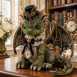 Könnte beinhalten: Eine grüne gehäkelte Drachenfigur, die einen schwarzen Zylinder mit einer Feder und ein Monokel über einem Auge trägt. Der Drache hat einen weißen Spitzenkragen, eine schwarze Schleife und eine goldene Taschenuhr. Flügel und Körper sind mit goldfarbenen Metallzahnrädern und Ketten verziert.