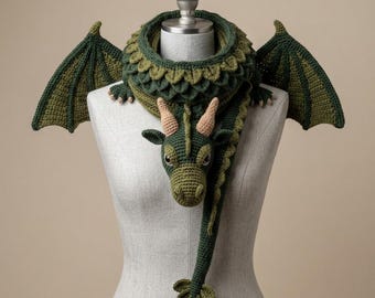 May include: A dark green crocheted dragon scarf featuring a detailed head with light tan horns, textured scale-like patterns along the neck, and two large, pointed wings extending from the sides. The long tail ends in a small leaf-shaped fin.
