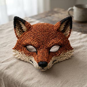 Könnte beinhalten: Eine handgefertigte Häkelmaske in Fuchsform mit einer strukturierten Oberfläche aus orangefarbenem und braunem Garn sowie cremefarbenen Akzenten an Schnauze und Ohreninnenseiten. Die Maske weist schwarze Garn-Details an den Ohrspitzen auf.