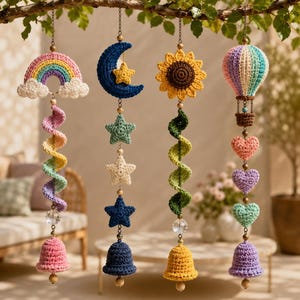 May include: Four hanging crochet ornaments featuring a rainbow with clouds, a crescent moon with a star, a sunflower, and a hot air balloon. Each piece includes a spiral or stacked shapes, a clear crystal bead, and a crocheted bell at the bottom.