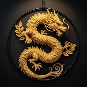 May include: A golden yellow crocheted dragon wall hanging mounted within a thin black circular frame. The dragon features intricate scale-like stitching, a long serpentine body, sharp claws, and leafy accents, all displayed against a dark background.