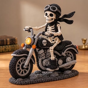 May include: A crocheted figurine of a skeleton wearing a black helmet with goggles and a scarf, riding a black and grey motorcycle. The motorcycle features a skull emblem on the fuel tank, a glowing yellow headlight, and orange turn signals.