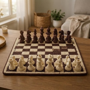 Può includere: Un set di scacchi all'uncinetto con una scacchiera quadrata a motivi marrone scuro e crema. Il set include sedici pezzi marrone scuro e sedici pezzi color crema, ciascuno realizzato con punti di filato visibili, disposti nelle posizioni iniziali.