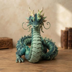 Puede incluir: Una figura de dragón tejida a ganchillo con un cuerpo largo y enroscado, con escamas en tonos verde azulado, verde bosque y menta pálido. La criatura presenta una cabeza detallada con cuernos prominentes, largos bigotes rizados y ojos oscuros.