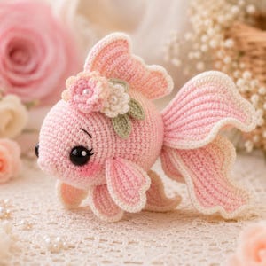 May include: A light pink crocheted goldfish toy featuring large black eyes, a ruffled tail, and fins. The head is decorated with two small crocheted flowers in shades of pink and white, accented with tiny white pearls and two small green leaves.