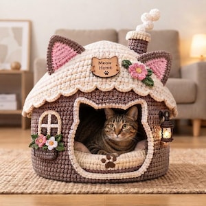 Könnte beinhalten: Ein braun-cremefarbenes, gehäkeltes Katzenhaus in Form eines Häuschens mit Katzenohren, einem Schornstein mit Rauch und einem Schild mit der Aufschrift Meow Home. Eine getigerte Katze sitzt im Eingangsbereich neben einem Blumenfenster und einer Laterne.