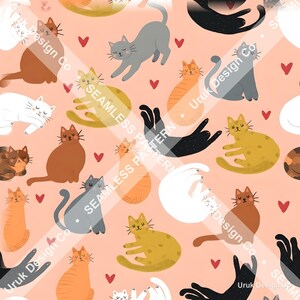 Könnte beinhalten: Ein nahtloses Muster auf hellpfirsichfarbenem Hintergrund mit verschiedenen illustrierten Katzen in Weiß, Grau, Orange, Braun und Schwarz, durchsetzt mit kleinen roten Herzen. Der Text Uruk Design Co SEAMLESS PATTERN ist diagonal überlagert.