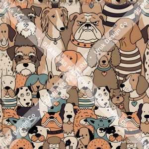 Könnte beinhalten: Ein nahtloses Muster mit einer Vielzahl illustrierter Hunderassen in Braun-, Beige-, Creme- und Grautönen. Die Hunde haben unterschiedliche Gesichtsausdrücke, einige tragen Halsbänder mit Herz- oder runden Anhängern und gestreifte Pullover.