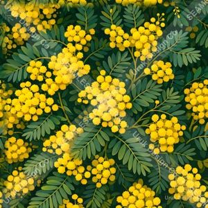 Könnte beinhalten: Ein nahtloses Muster mit Büscheln aus leuchtend gelben Mimosenblüten und dunkelgrünen, gefiederten Blättern. Das Design zeigt wiederkehrende botanische Elemente auf einem tiefgrünen Hintergrund mit dem Text Uruk Design Co.