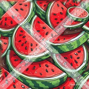 Juicy Watermelon Cartoon Seamless Pattern | Summer Fruit Digital Paper for Fabric and Wallpaper, Red Green Food Print