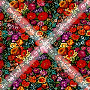 Könnte beinhalten: Ein nahtloses Muster mit einer dichten Anordnung aus leuchtend roten, orangen, gelben, violetten und türkisfarbenen Blumen mit grünen Blättern auf schwarzem Grund. Das Design enthält den wiederholten Text Uruk Design Co und SEAMLESS PATTERN.