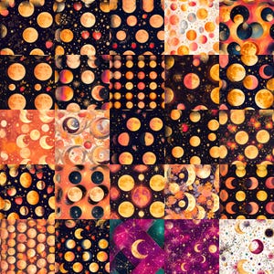 Könnte beinhalten: Ein Raster aus fünfundzwanzig quadratischen Kacheln mit verschiedenen Himmelsmustern, darunter Mondphasen, Sterne und Erdbeeren auf dunklen, orangefarbenen und violetten Hintergründen. Die Designs enthalten kreisförmige Mondmotive, florale Akzente und Sternbilder.