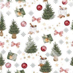 Könnte beinhalten: Ein nahtloses Muster mit Aquarellillustrationen von grünen Weihnachtsbäumen, roten Christbaumkugeln, weißen Tassen mit dem Text Hello Winter, gestreiften Schleifen, Geschenken mit Orangenscheiben und goldenen Sternen auf weißem Grund.
