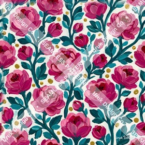 Könnte beinhalten: Ein nahtloses Muster mit leuchtend magentafarbenen Rosen und dunkelblaugrünem Blattwerk auf cremefarbenem Grund. Das Design enthält verstreute kleine goldene Punkte zwischen den Blumen. Der Text Uruk Design Co und SEAMLESS PATTERN ist sichtbar.