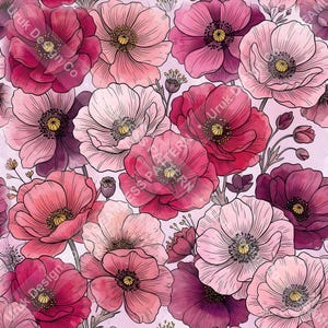 Könnte beinhalten: Ein nahtloses Muster mit einer dichten Anordnung von Mohnblumen in verschiedenen Rosa-, Magenta- und Dunkellila-Tönen. Die Blumen haben feine, handgezeichnete schwarze Umrisse, sichtbare Staubgefäße und einen hellrosa Hintergrund.