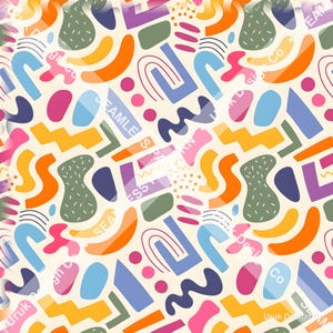 Könnte beinhalten: Ein nahtloses Muster mit einer Vielzahl abstrakter Formen wie Bögen, Zickzacklinien, Wellenlinien, Kreisen und organischen Klecksen in Orange, Pink, Blau, Lila und Grün auf einem cremefarbenen Hintergrund mit sich wiederholenden Textüberlagerungen.