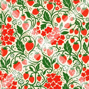 Könnte beinhalten: Ein sich wiederholendes Oberflächenmuster mit roten Erdbeeren, grünen Blättern und kleinen roten Blüten auf cremefarbenem Hintergrund. Das Design zeigt geschwungene grüne Ranken und kleine Punkte, mit dem Text "SARAH PATTERN UK Design Co".
