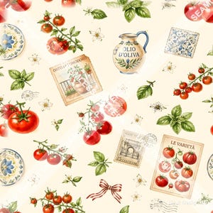 Könnte beinhalten: Ein nahtloses Muster mit roten Tomaten an Reben, grünen Basilikumblättern, weißen Blüten, einem Keramik-Olivenölkrug mit der Aufschrift Olio d'Oliva, blau-weiß gemusterten Tellern, alten italienischen Briefmarken und einer Karte mit der Aufschrift Le Varietà.