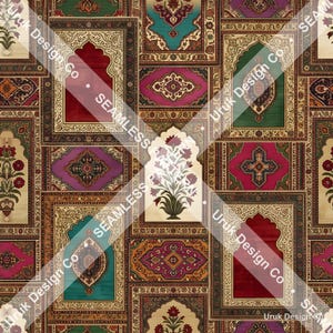 Könnte beinhalten: Ein nahtloses Textilmuster mit einer wiederkehrenden Anordnung rechteckiger Rahmen, die komplexe florale Motive und geometrische Formen in den Farben Dunkelrot, Smaragdgrün, Blaugrün, Magenta und Creme mit verzierten Goldrändern enthalten.
