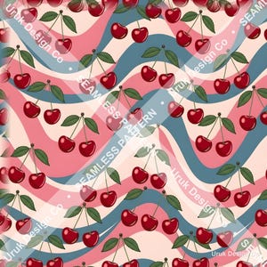 Könnte beinhalten: Ein nahtloses Muster mit Paaren aus leuchtend roten Kirschen mit grünen Blättern, angeordnet auf einem Hintergrund aus wellenförmigen Streifen in Hellrosa, Creme und gedämpftem Blau. Der Text Uruk Design Co Seamless Pattern ist sichtbar.