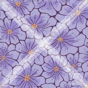 Könnte beinhalten: Ein nahtloses Muster mit hellvioletten Blumen, dunkelvioletten Umrissen und gelben Blütenmitten. Das Design enthält ein diagonales Wasserzeichen mit dem Text Uruk Design Co. SEAMLESS PATTERN in weißer Schrift auf einem halbtransparenten Band.